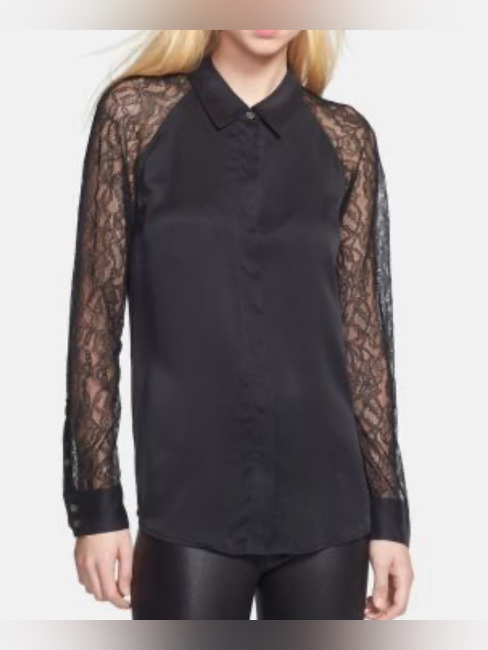 Equipment Femme Quinn Lace Silk Collared Button Down Blouse Black Large